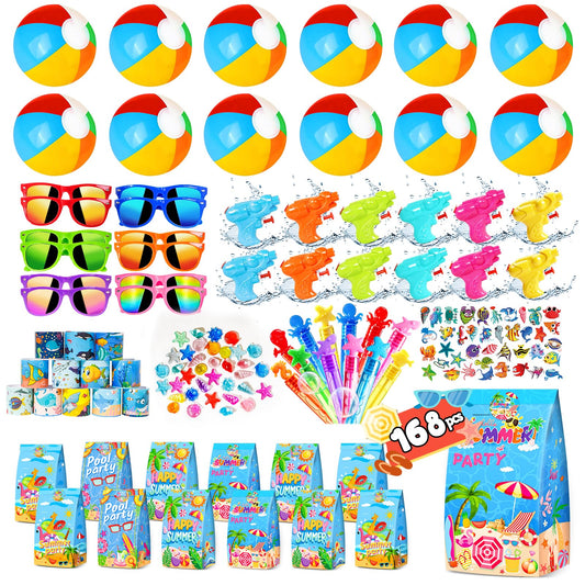 Pool Party Favors and Beach Party Favors 168pcs Summer Party Toys for Kids,Including Beach Balls, Sunglasses, Bubble Wands Party Supplies for Summer Birthday Ages 4-8 8-12