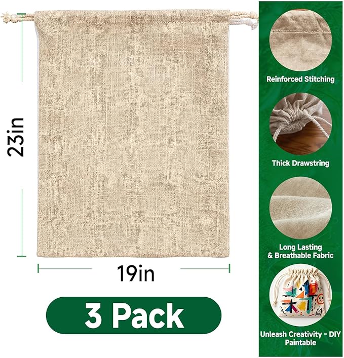 Simple&Opulence 3-Pack 19” x 23” Linen Cotton Drawstring Bags Reusable Grocery Sacks, DIY Craft Sachet Sacks Storage Cloth Bags for Party Wedding Home Bulk Produce Bags, Washable, Natual Linen