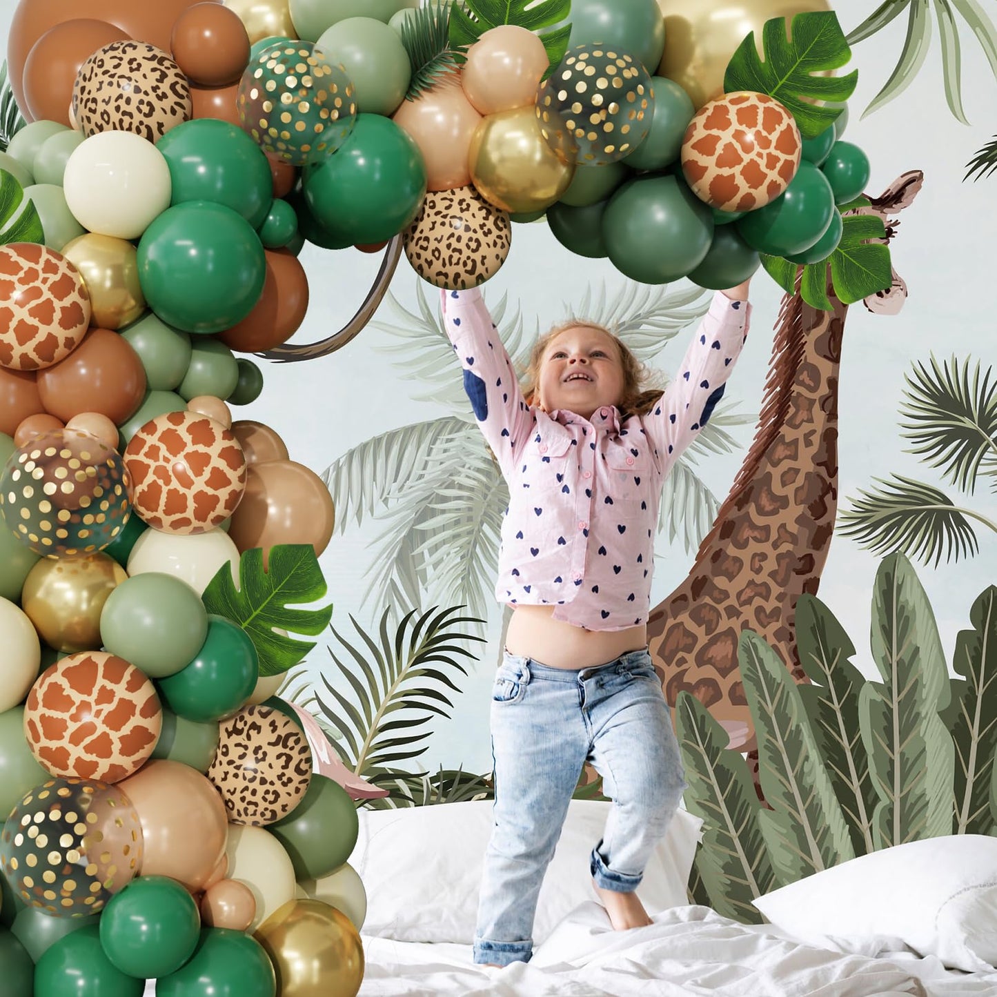 170Pcs Jungle Safari Balloons Arch Garland Kit, Sage Green Brown Animal Print Balloons Palm Leaves Wild One Safari Baby Shower Decorations for Boys Tropical Woodland Birthday Party Supplies