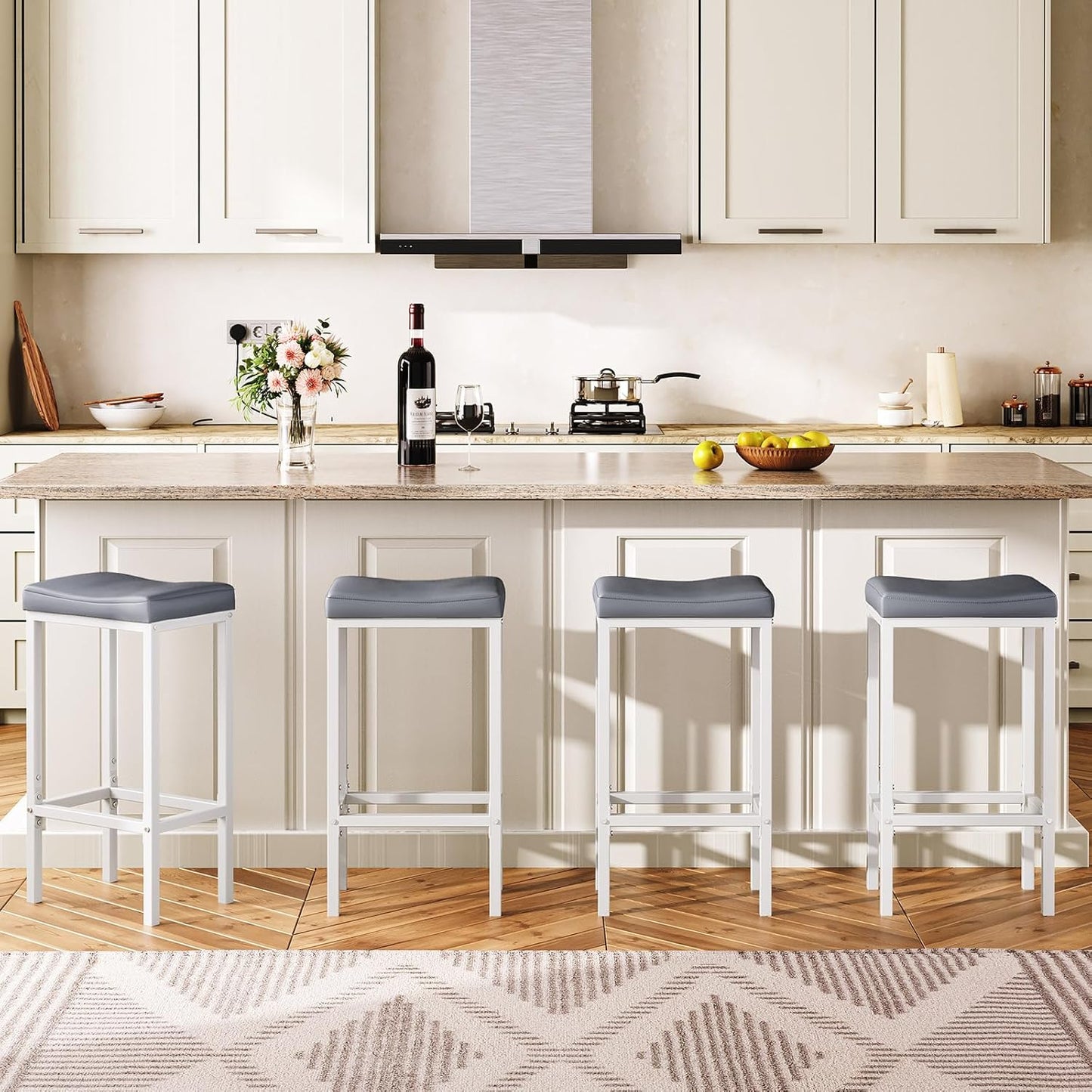 HOOBRO Bar Stools, Set of 2 Counter Height Saddle Chairs, 24.8 Inches, 2.4" Thick Upholstery, White and Gray WG10BY01