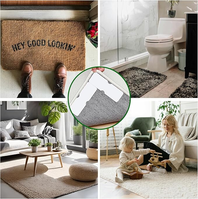 Rug Tape,12Pcs Non Slip Grippers for Rug,Double Sided Reusable Rug Stopper Keep Area Rugs Corners from Curling and Bunching,Washable Rug Pad Grippers for Hardwood Floors, Tile Floors (White)