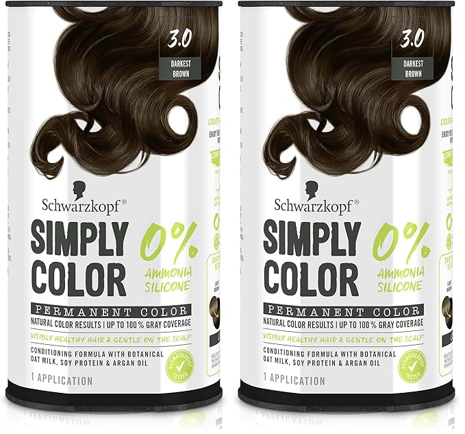 Schwarzkopf Simply Color Permanent Hair Color, Darkest Brown | 3.0 Shade | Pack of 2