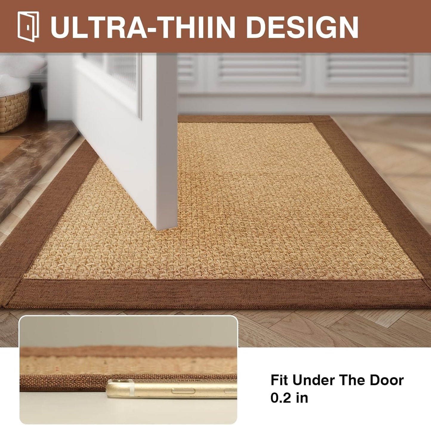 Non Slip Ultra Thin Bathroom Rugs Mat 20x32, Bath Mat Quick Dry Absorbent Bathroom Mat Floor Rubber Backed Fit Under Door, Woven Washable Bath Rugs, Brown