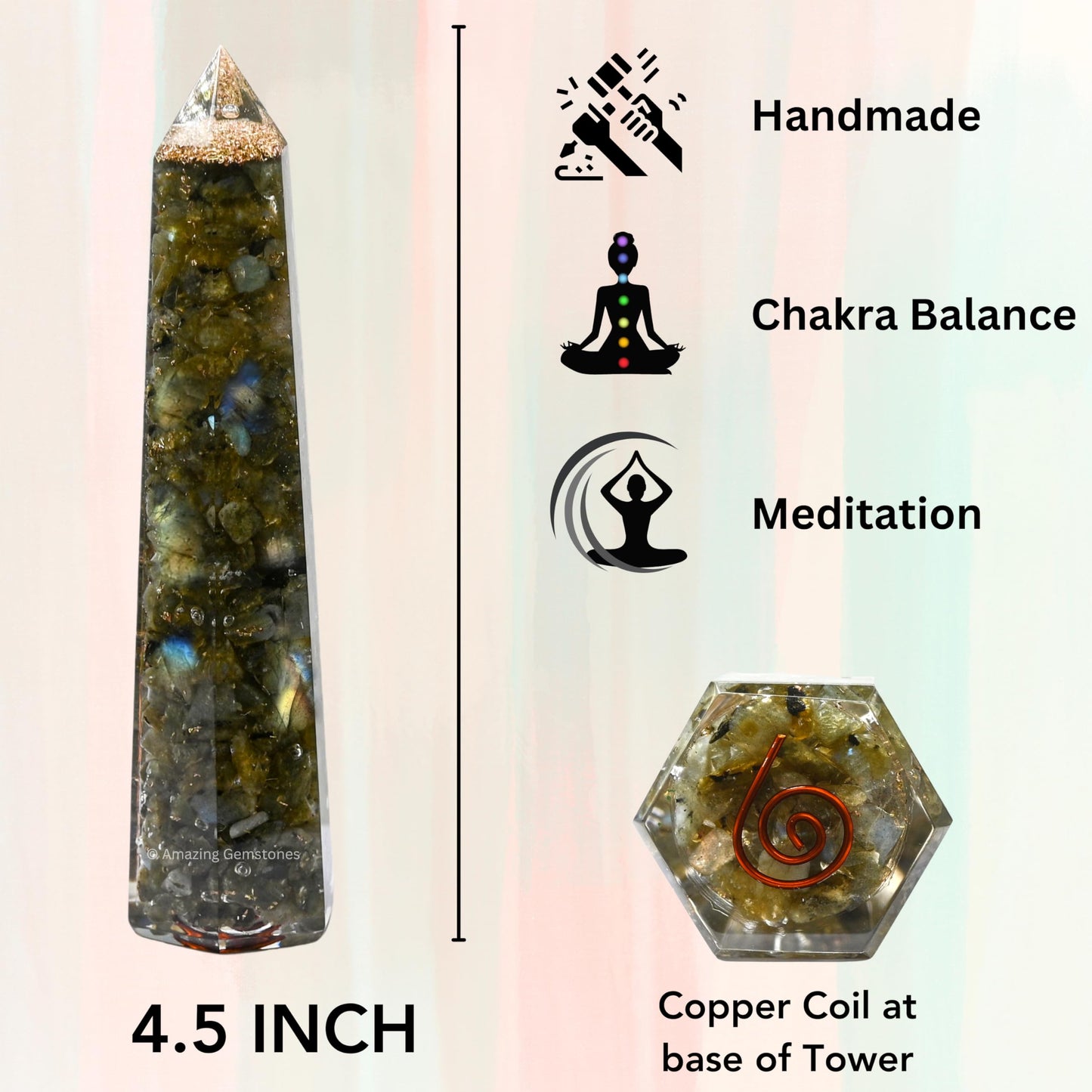 Amazing Gemstone Labradorite Orgonite Orgone Crystal Towers - Large 4.5" Orgonite Crystal Wand Obelisk Tower Point for Meditation, Crystals and Healing Stones Gift and Protection