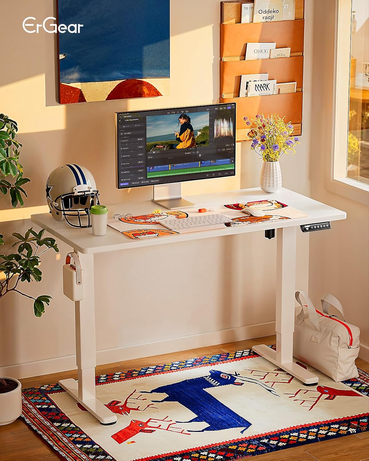 ErGear Height Adjustable Electric Standing Desk, 48 x 24 Inches Sit Stand up Desk, Memory Computer Home Office Desk with Two-Piece Desktop (White)