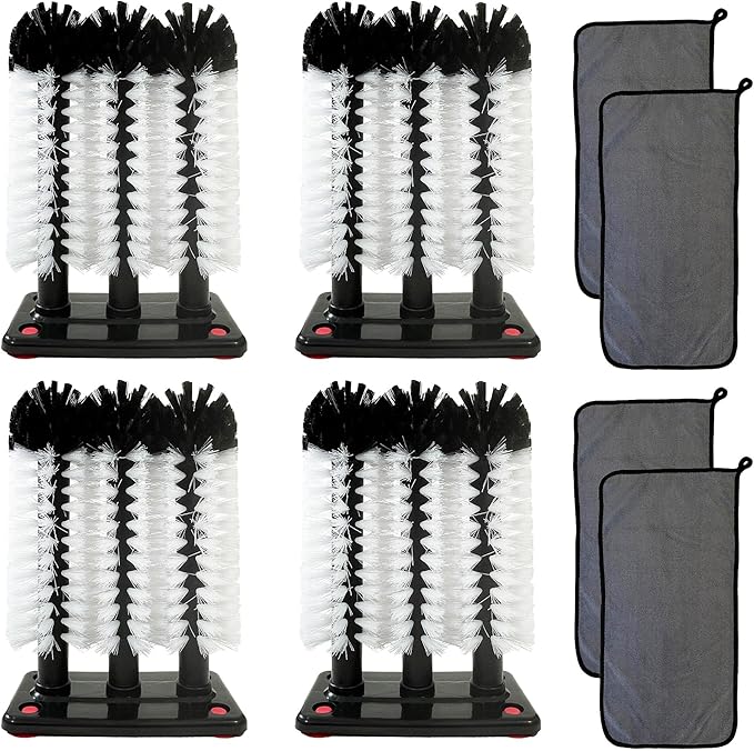 Water Bottle Cleaning Brush - 4 Pack - 3 Brush Bar Glass Cleaner - Brushes for Large Cups Glasses and Bottles - Suction Cups for Stable Grip on Sink, Bar and Kitchen Top - Includes 4 Cleaning Cloths