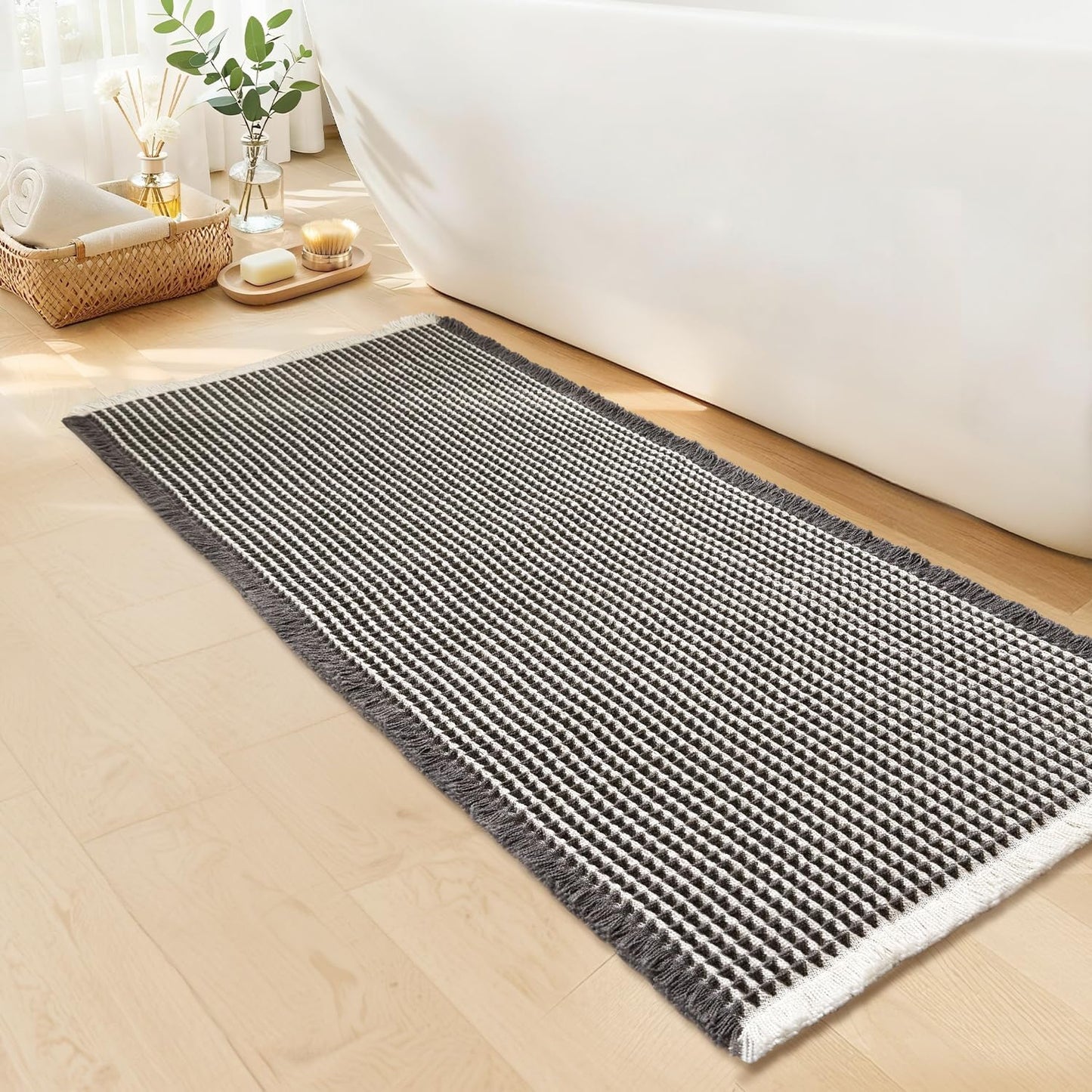 Waffle Bath Mat - Boho Bathroom Rugs Non Slip Washable, Super Absorbent & Quick Dry, Soft Bath Mat Farmhouse Bathroom Decor, 24'' x 48'', Dark Grey and White