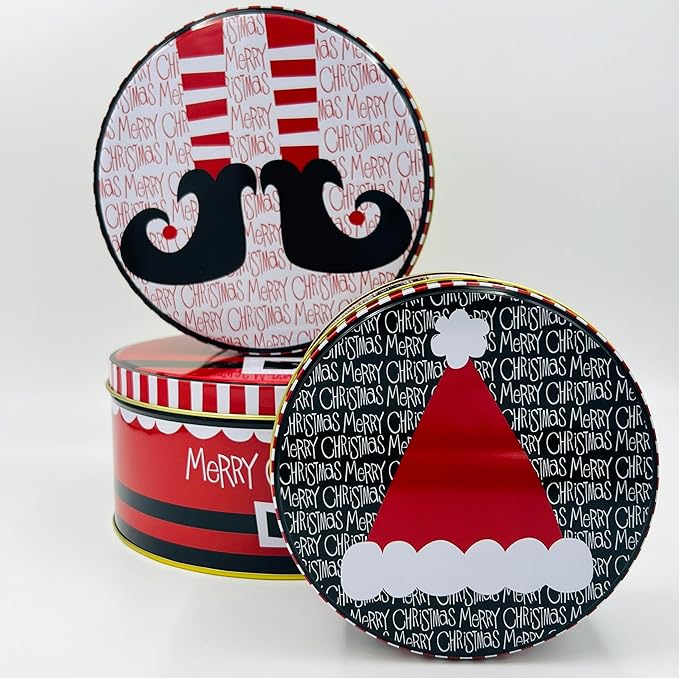Pack of 3 Round Metal Nesting Tins – Stackable Storage Containers with Lids for Kids' Cookies, Candy, Snacks, Crafts & Kitchen – Fun Xmas Elf Hat Design