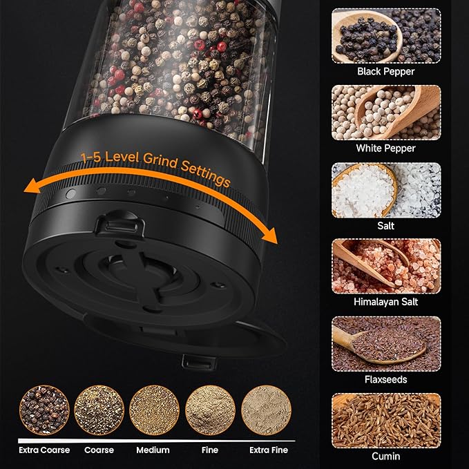Electric Salt and Pepper Grinder Set,2 Pack Rechargeable Automatic Pepper Mill,with Charging Base,5 Level,Display,LED Lighting,Large Capacity,Kitchen Gift (2, Stainless steel, Charging Base)