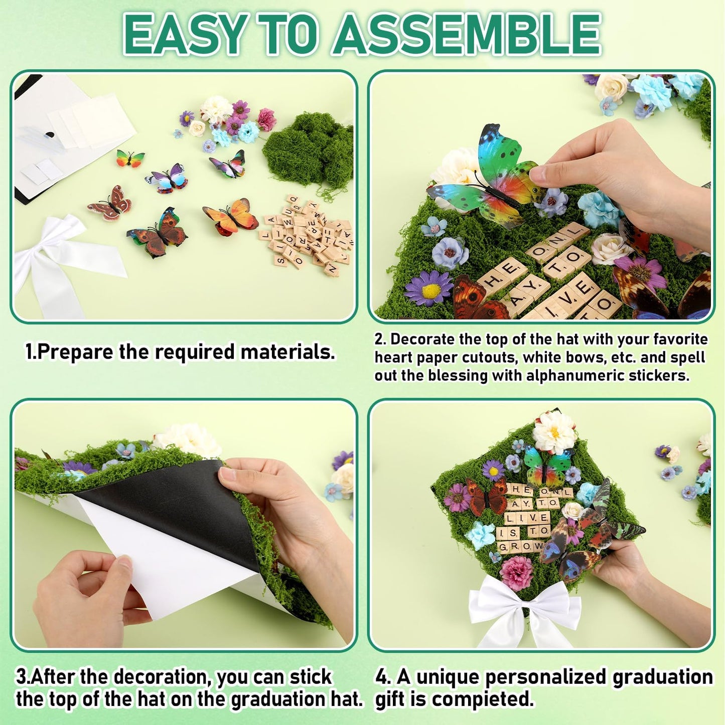 49 Pcs Spring Garden Theme DIY Graduation Cap Decor Faux Assorted Flowers White Bows 3D Butterfly Stickers Artificial Moss Crafts Alphabet Tiles for DIY Hat Grad Cap Topper Graduation Party Supplies