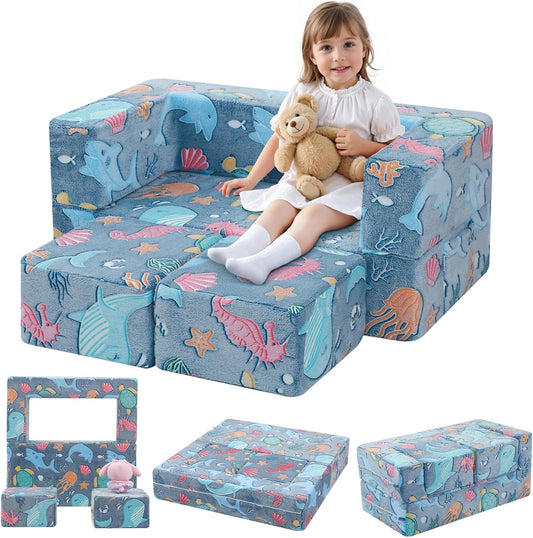 MeMoreCool Modular Kids Couch, Glow Play Toddler Couch for Bedroom Playroom, Convertible Foam Kids Sofa Bed, Fold Out Baby Sofa for Girl Boy