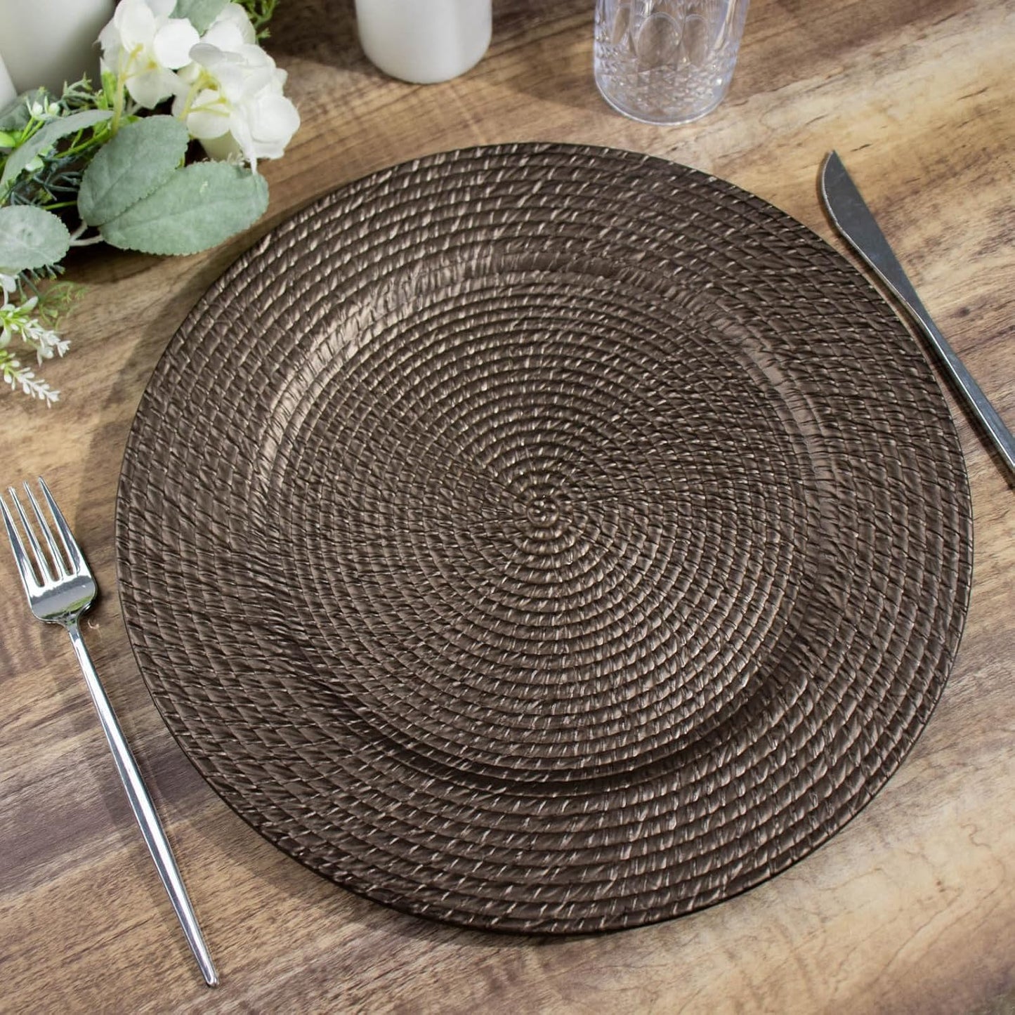 Efavormart 6 Pack | 13" Natural Brown Acrylic Plastic Rattan-Like Charger Plates, Round Disposable Dinner Serving Plates