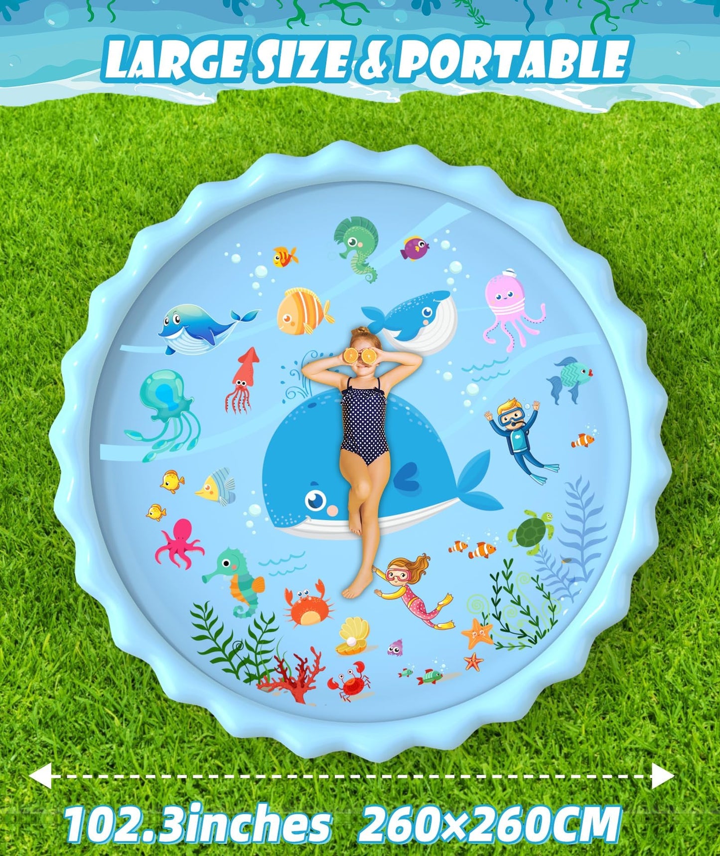 EPN Splash Pad, Extra Large Sprinkler Play Mat Fun for Kids, Thicker Summer Outdoor Water Toys Toddler Pool for 3-12 Years Old Children Boys & Girls (102.3")