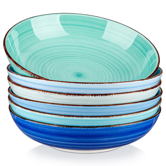 vancasso Bonita 38 oz Ceramic Pasta Bowls Set of 6, Microwave & Dishwasher Safe, 8.5 Inch Elegant Shallow Bowls Set for Pasta, Salad, & Soup – Large Capacity Pasta Plates Sets, Blue