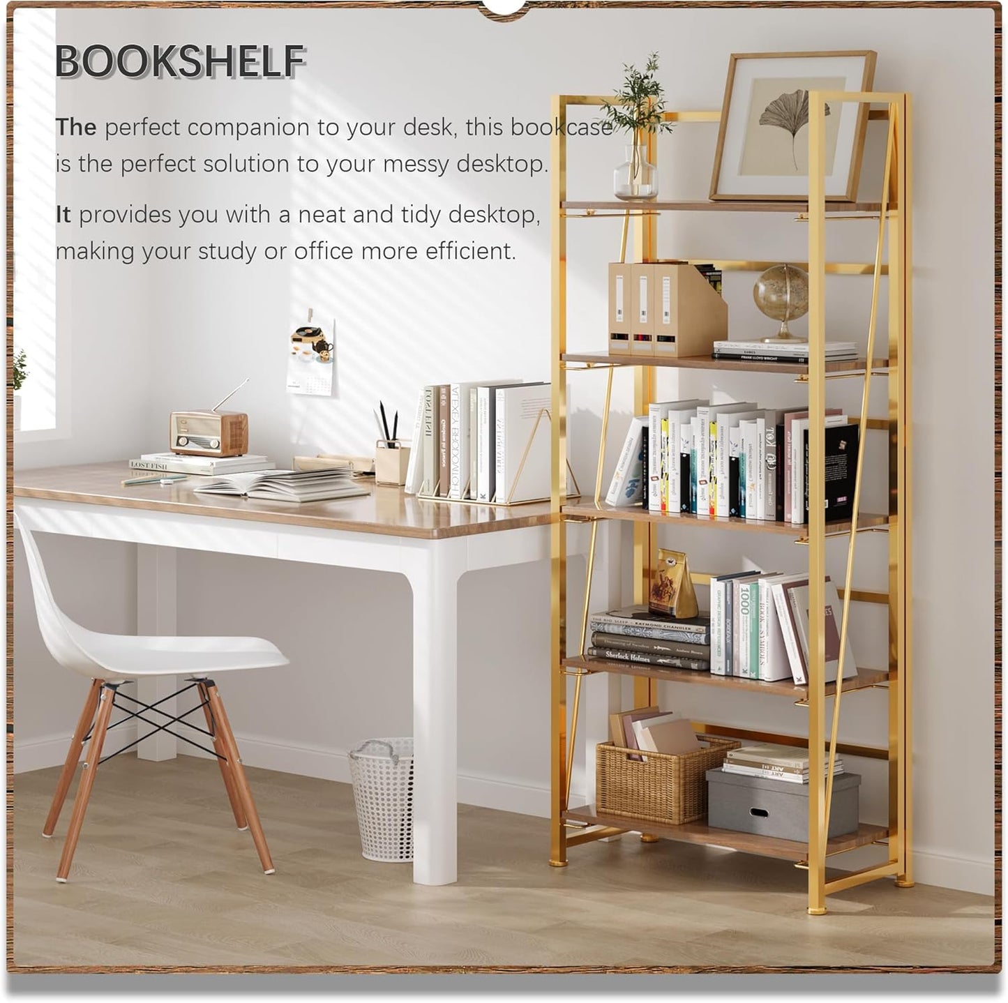 4NM No Assembly Folding Bookshelf, 5-Shelf 62.2" H Collapsible Foldable Bookcase Storage for Small Spaces, Brown and Golden