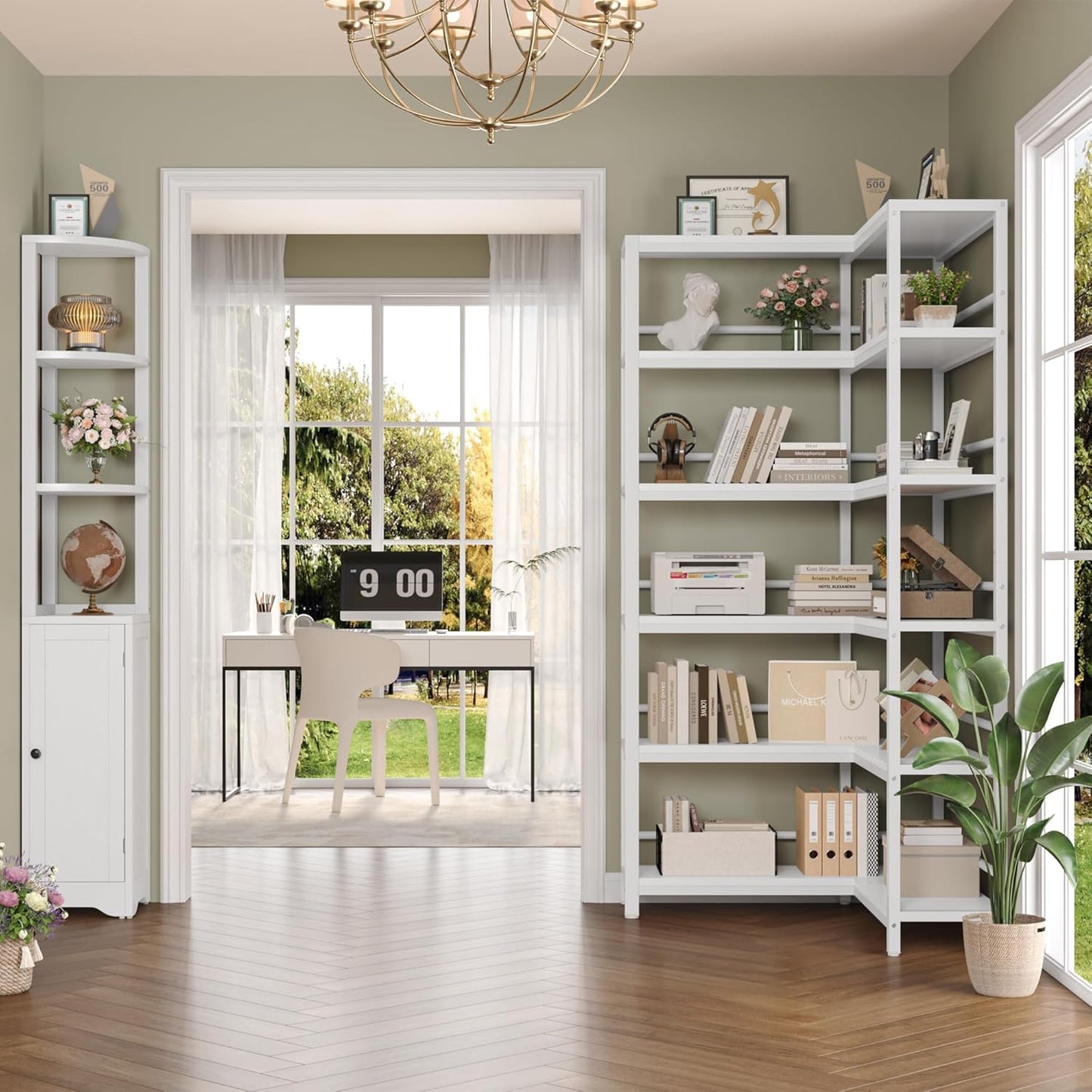Keyluv 72" Tall Corner Bookshelf with Door, 6-Tier L Shaped Bookshelves and Bookcase with Storage Cabinet, 2 Pieces Individual Convertible Book Shelf, Display Shelf for Home Office Living Room, White