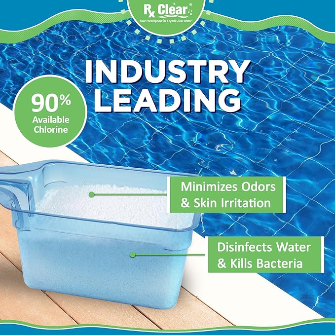 Rx Clear 8 lbs Granular Pool Chlorine | Use As Bactericide, Algaecide, & Disinfectant in Swimming Pools, Hot Tubs, & Spas | Stabilized, Fast Dissolving & UV Protected