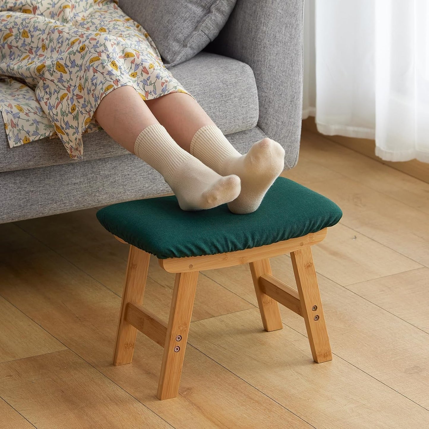 Foot Stool Ottoman Foot Rest Under Desk,Small Stool for Living Room, Bedroom and Kitchen (Natural Legs - Green Stool Surface)