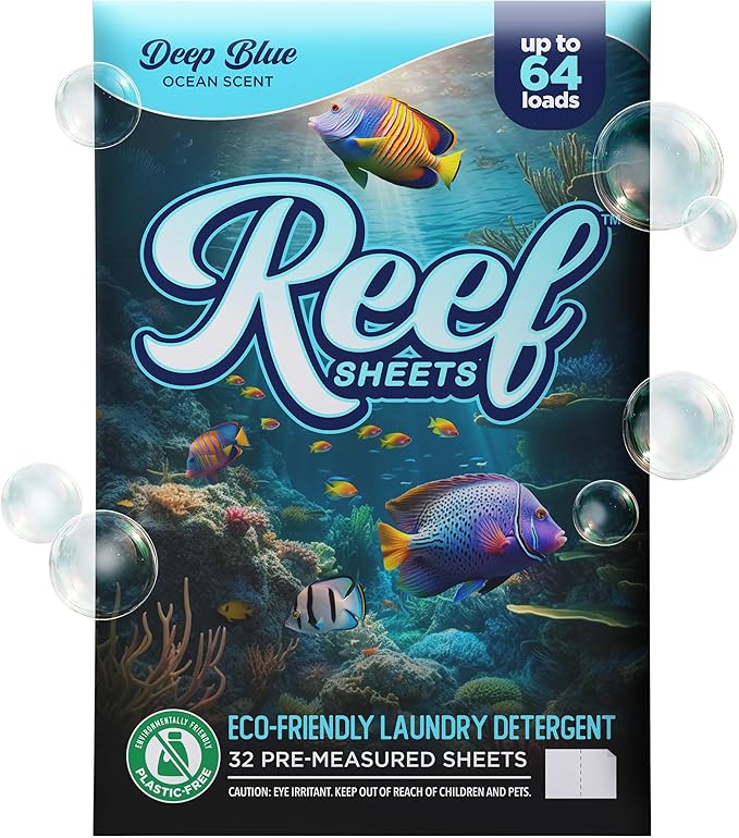 Reef Sheets Laundry Detergent Sheets, 64 loads, Hypoallergenic & Plastic-Free Eco-Friendly Packaging, Gentle on Skin, Tough on Stains, Travel-Friendly, Deep Blue Ocean Scent, 32ct