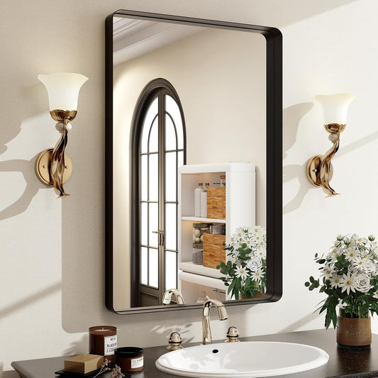 36x24 Inch Black Bathroom Mirror - Modern Black Rectangle Mirror for Wall with Rounded Corners, Bathroom Mirrors for Vanity, Aluminum Alloy Framed Mirror Hangs Horizontally or Vertically