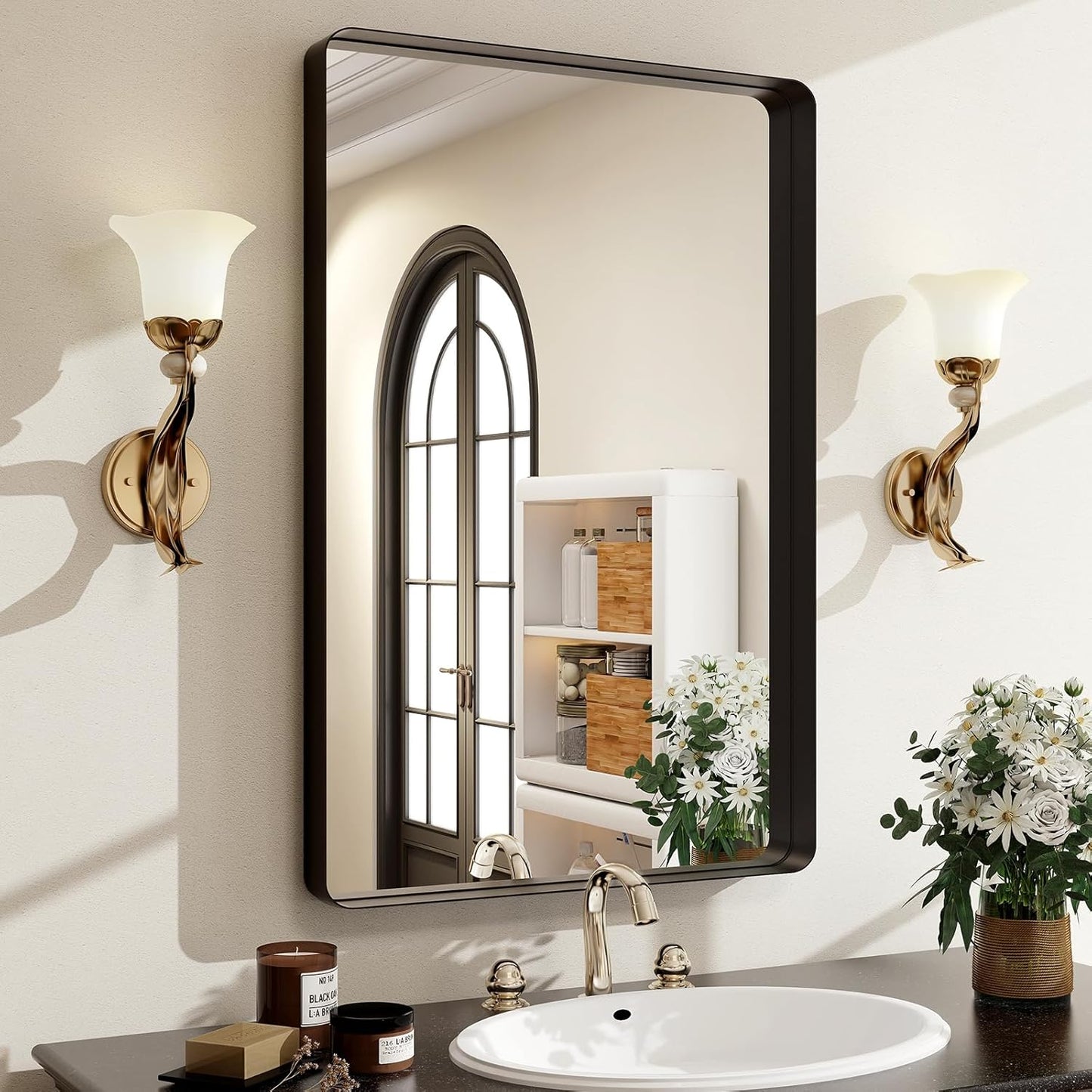 30"x22" Black Bathroom Mirror - Modern Mirror for Wall with Rounded Corners，Bathroom Mirrors for Vanity, Aluminum Alloy Framed Mirror Portrait or Landscape Hang, Rectangle Mirrors for Bedroom