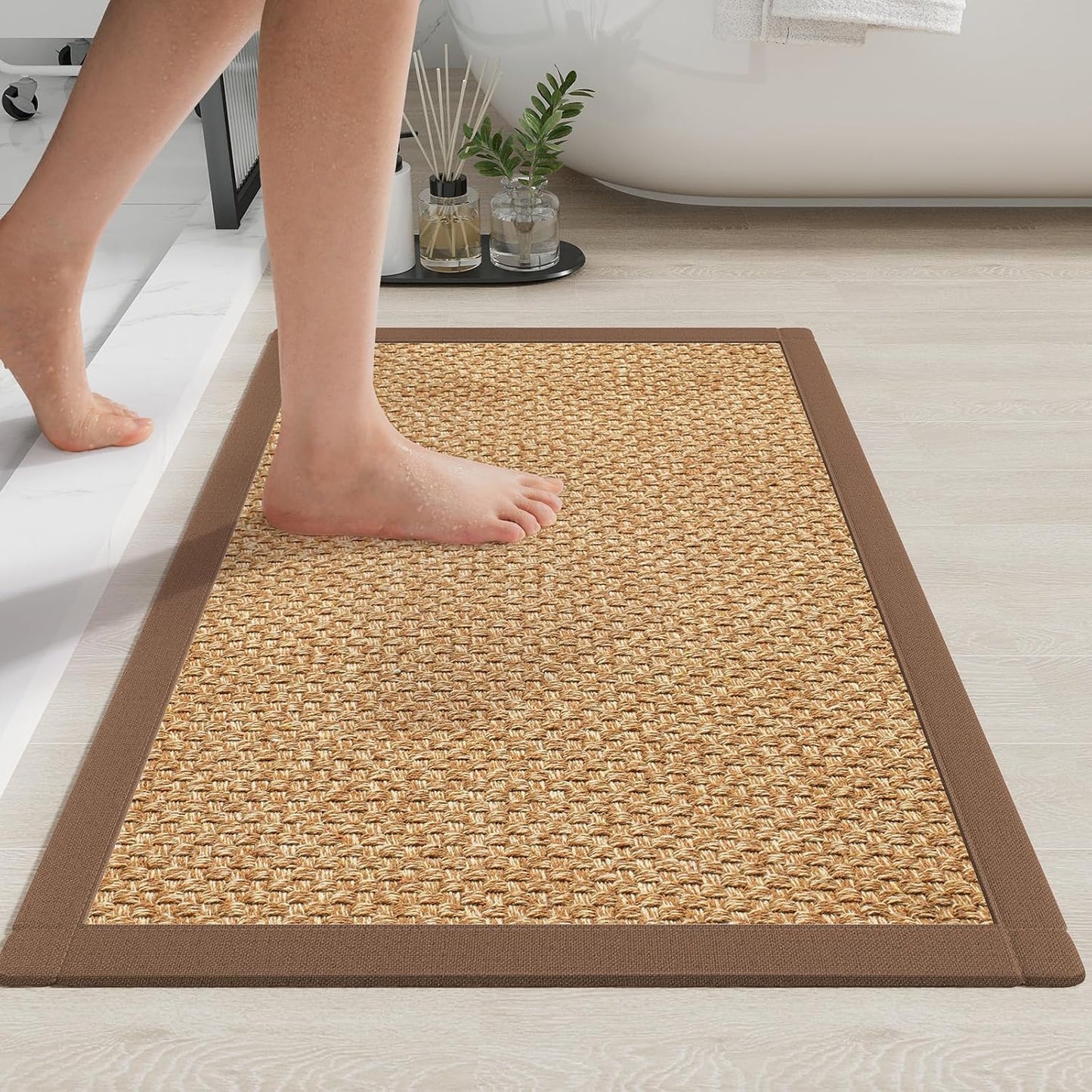 Non Slip Bath Mat Bathroom Rugs, Soft Jute-Like Ultra Thin Bath Mats, Rubber Backing Super Absorbent Quick Dry Bath Rug Shower Mat Fit Under Door Bathroom Floor, Machine Washable, Brown 24"x36"