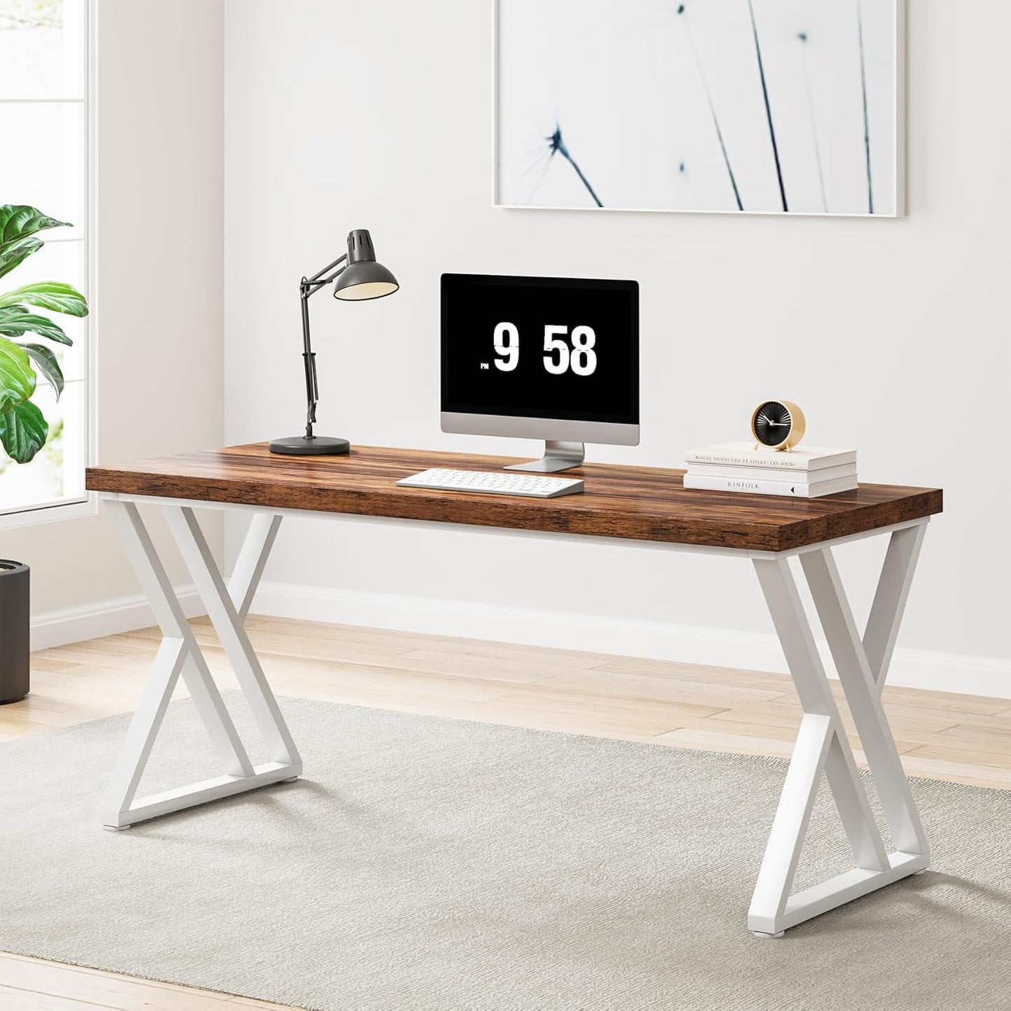 Tribesigns Modern Walnut/White 55" Heavy Duty Computer Desk, Study & Work Desk, 23.6"D x 55.1"W x 29.5"H, Z-Shaped Metal Legs, 330 lbs Capacity