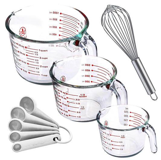 Le'raze Set of 3 Glass Measuring Cups with Measuring Spoons & Whisk - Kitchen Mixing Bowl Liquid Measure Cup, Glass Bakeware. 1 cup, 2 cup, 4 cup., Multi Size, Clear