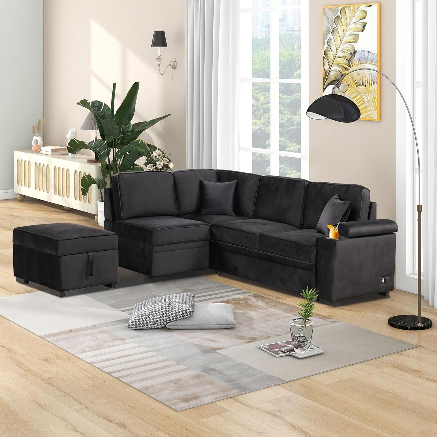 Ball & Cast 84" Convertible Sectional Sofa Bed,L-Shaped Sleeper Couch w/Storage Ottoman,Cup Holder and Charging Stations,Put Out Sofas w/Chaise,for Living Room and Small Apartment,Black