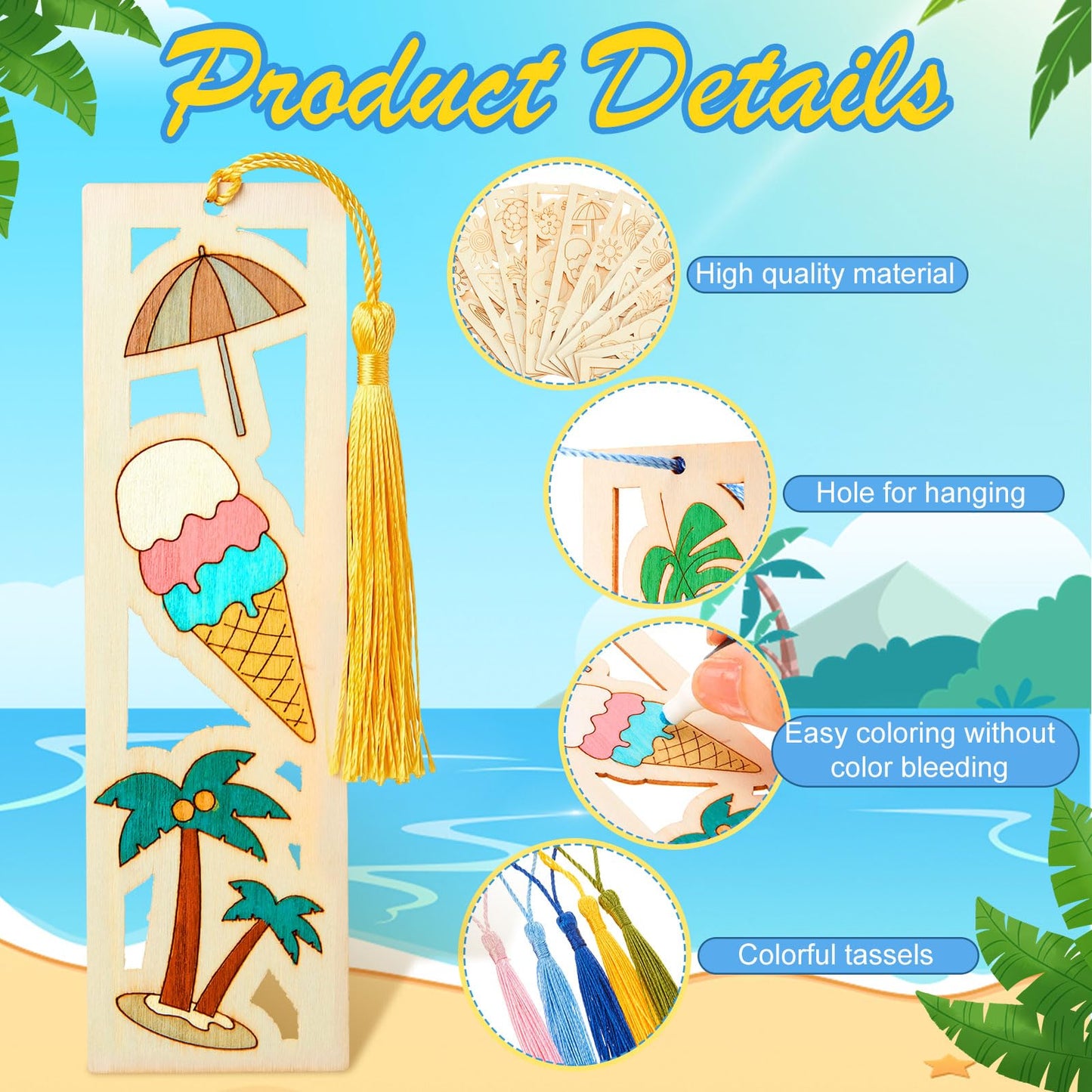 Yexiya 100 Pcs Bulk DIY Wooden Bookmarks Kit - 50 Set Tropical Hawaii Unfinished Wood Crafts with 50 Colorful Tassels for Classroom Rewards, Student Gifts, Summer Camp, Luau Party Favors, Art Projects