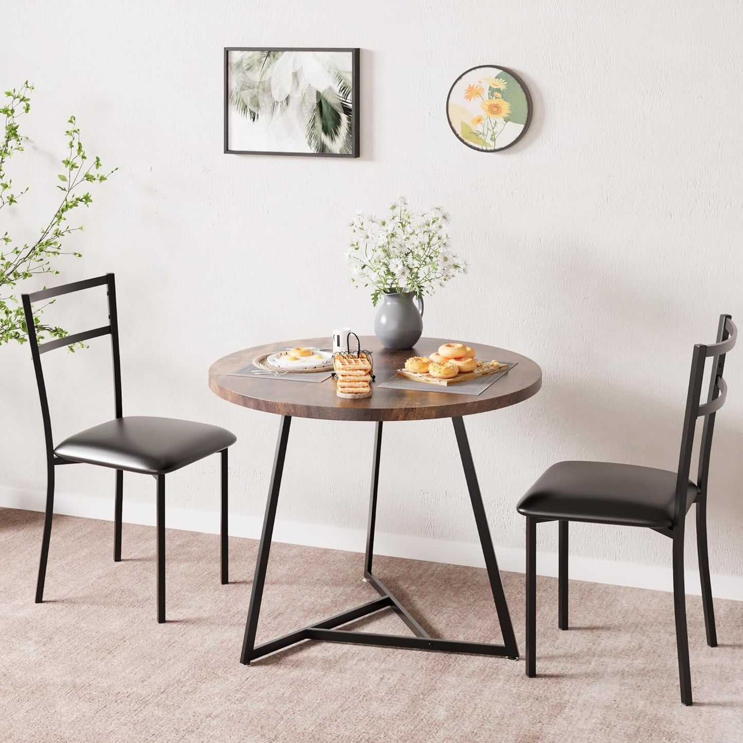 CABIHOME Dining Table Set for 2, Kitchen Table Set for 2, Kitchen Table Set with 2 Upholstered Chairs, Round Dining Table Set for Small Space, Apartment, Retro Brown