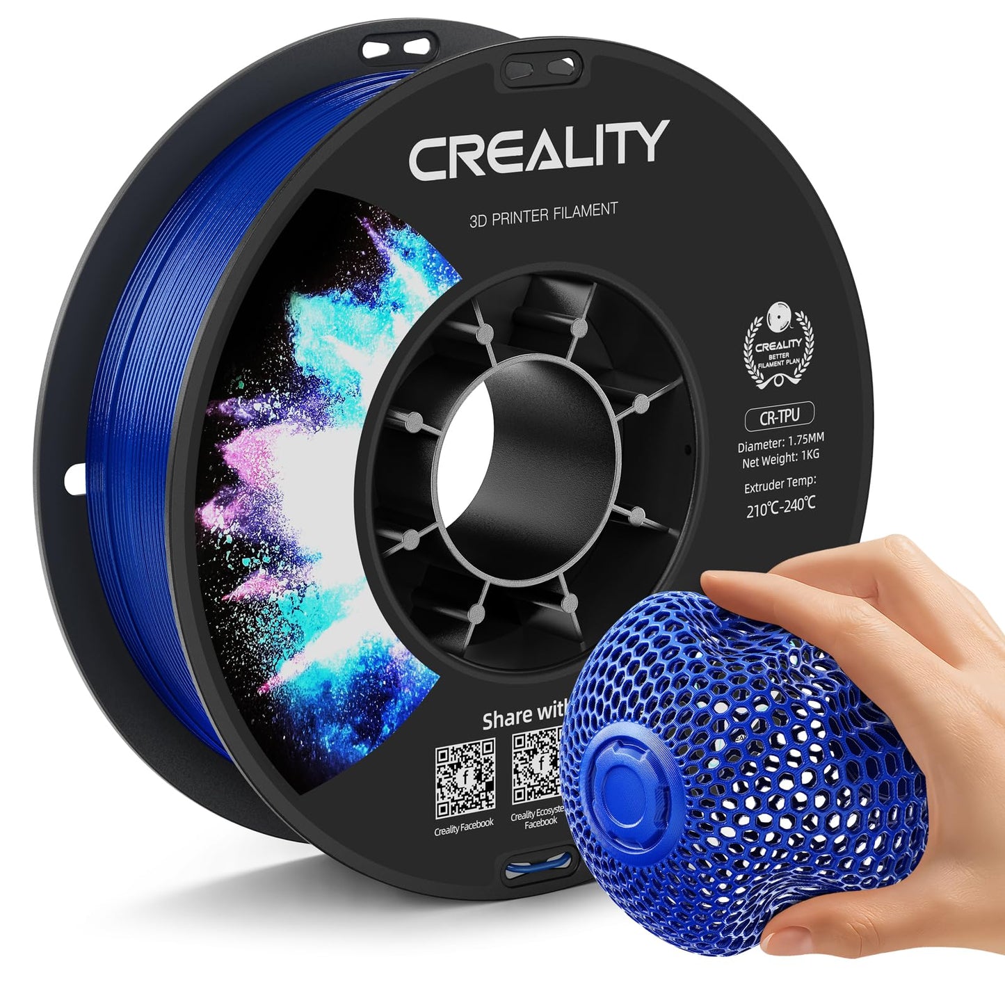 Creality TPU Filament 1.75mm Blue, Flexible 3D Printer Filament TPU 95A, 1kg(2.2lbs) Neatly-Wound Spool, Excellent Resilience, W