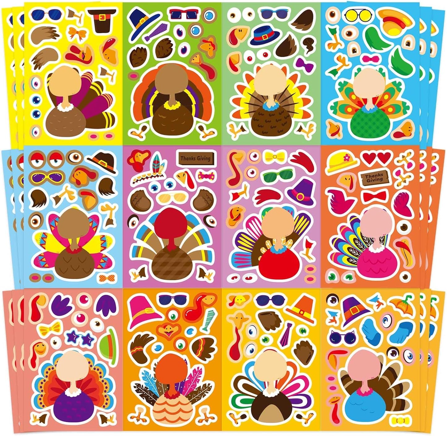 Make A Turkey Stickers, 36 Sheets Make Your Own Turkey Stickers Thanksgiving Stickers for Kids Classroom Reward, Autumn Stickers Fall Theme Party Favor Thanksgiving Crafts for Kids,12 Desgins
