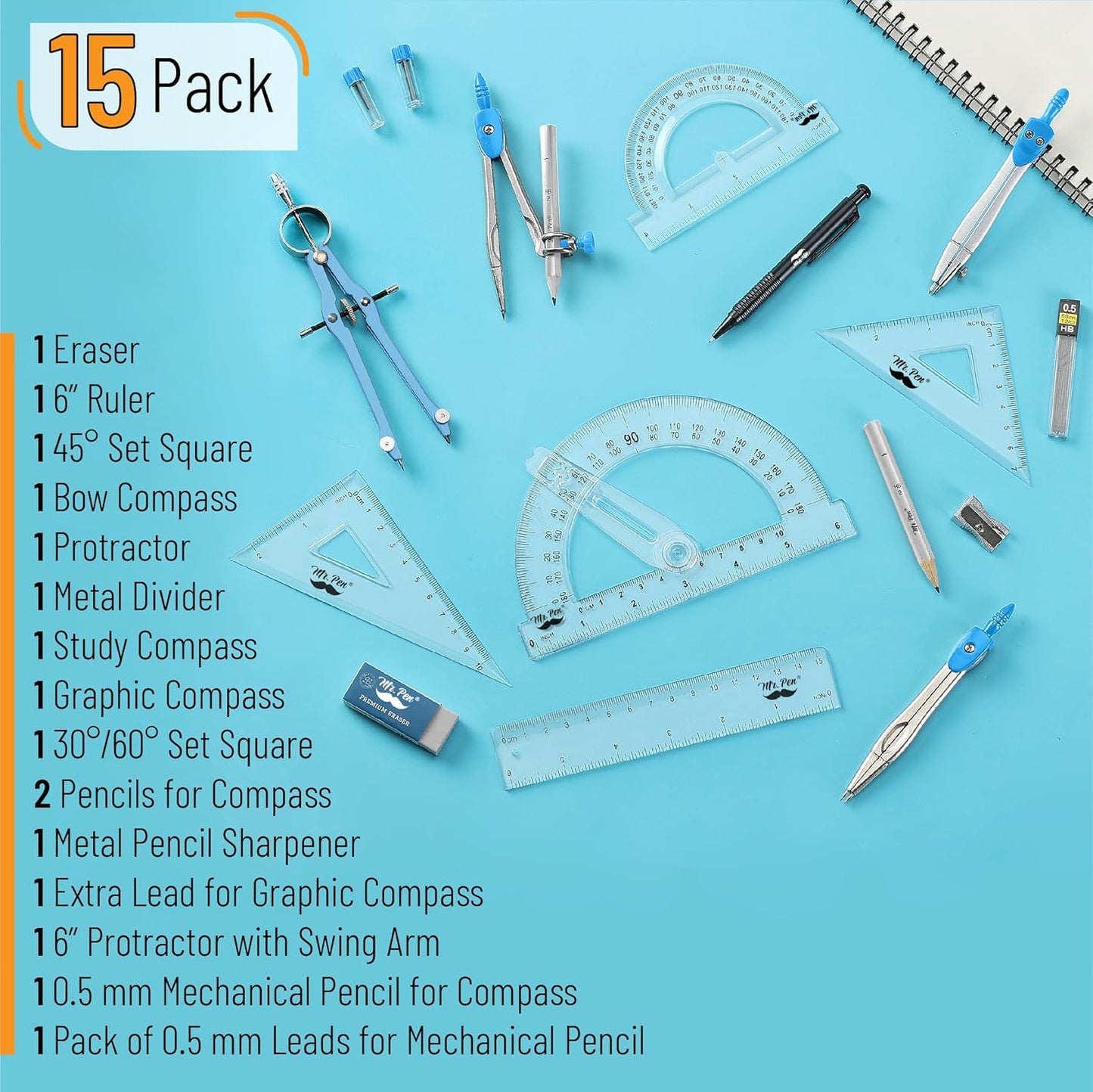 Mr. Pen- Geometry Set, 15 pcs, Blue, 6 Inch Swing Arm Protractor, Divider, Set Squares, Ruler, Compasses and Protractor