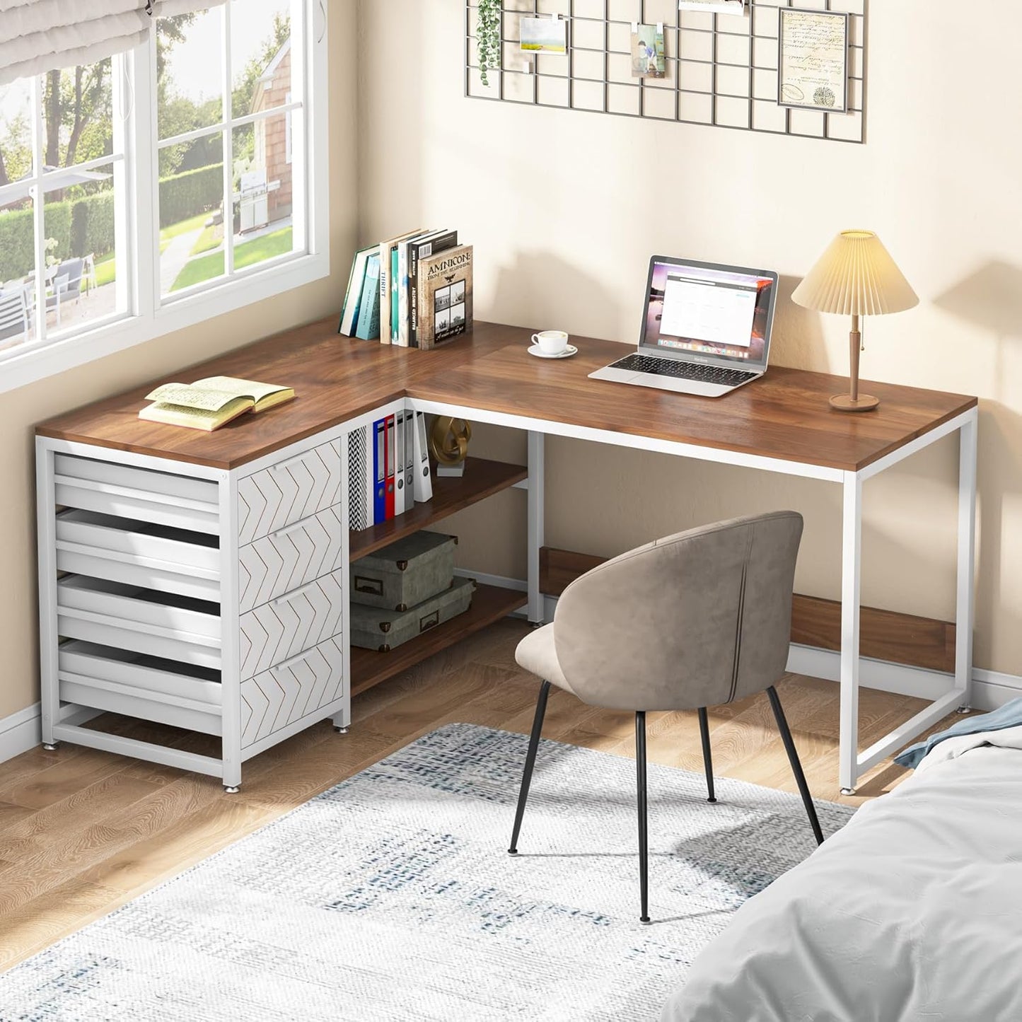 Tribesigns L Shaped Computer Desk with Storage Drawers, 59 inch Corner Desk with Shelves, Reversible L-Shaped Office Desk Study Writing Table Workstation for Home Office, Walnut & White
