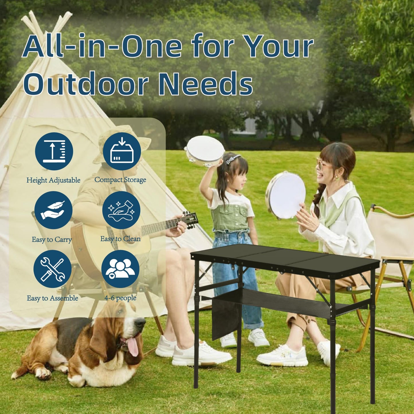 LOFTEY Folding Camping Table with 3 Adjustable Height, 3ft Foldable Aluminum Camp Table, Lightweight with Storage Bag, Portable for Outdoor, BBQ, Hiking, 34.2" x 15.7" x 27.5", Black