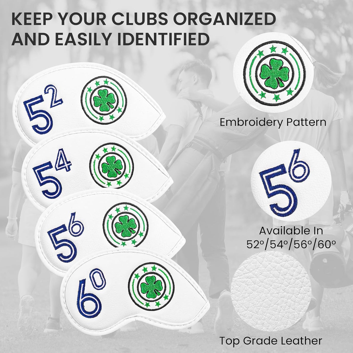 Golf Iron Wedge Head Covers 52° 54° 56° 60° 1 or 4 Pack, Synthetic Leather Clover USA Flag Design Club Head Protection, Universal Headcover Fit Iron Clubs for Men Women