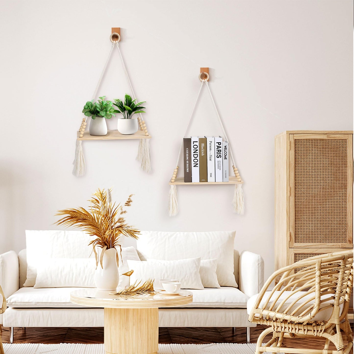Chissen Bohe 2 Pack Wooden Wall Hanging Shelves, Macrame Plant Wall Shelf with Tassel, Storage Floating Shelves for Books Photos,Wall Shelves for Living Room,Bedroom, Handmade Stand Holder Home Decor