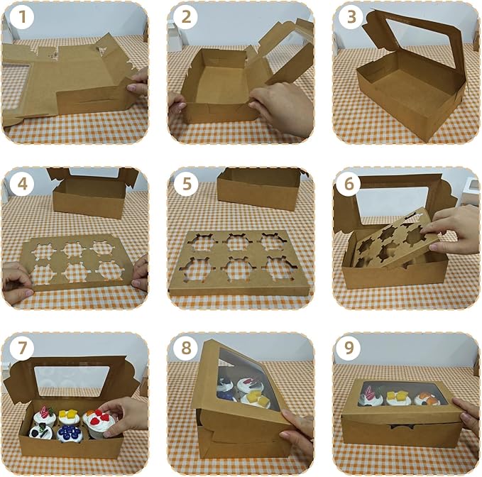 Cupcake Boxes 6 Count, Disposable Cupcake Containers, Food Grade Carrier with Window and Inserts for Cupcakes Muffins Cookies Pastries Donuts (Kraft Brown, 3 Pack)