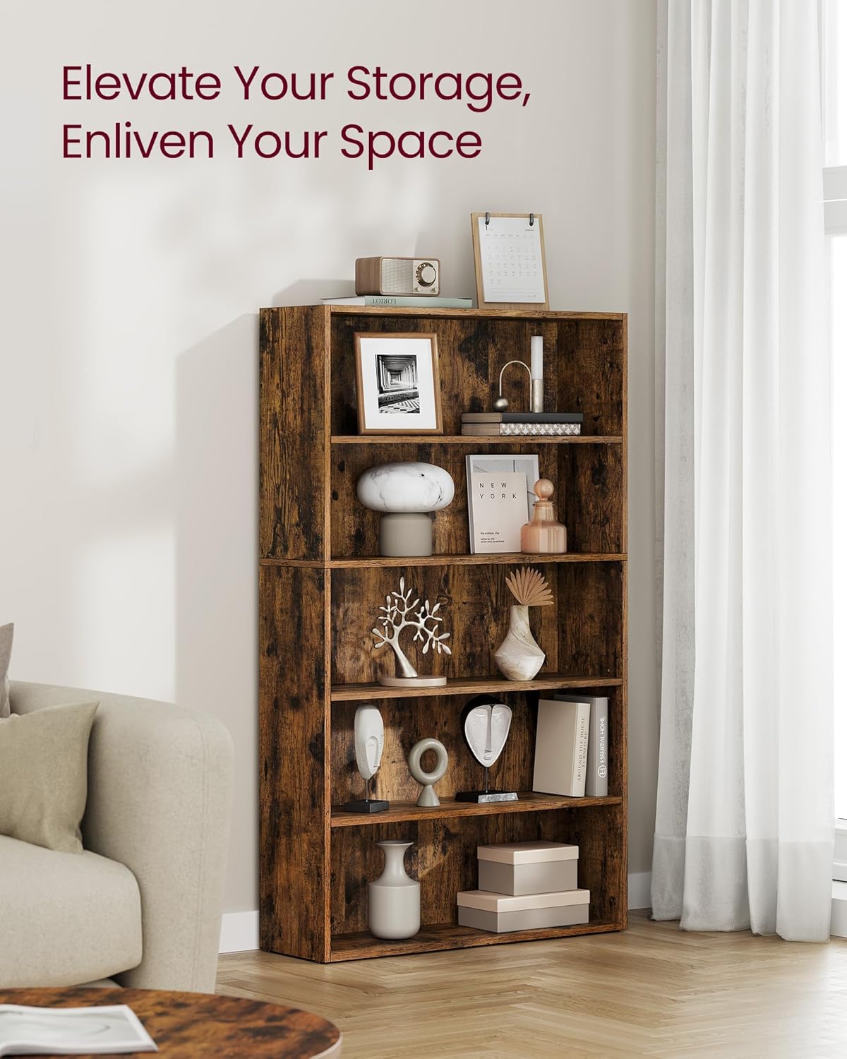 VASAGLE Custos Collection - Bookshelf, 5-Tier Bookcase, Book Shelf, Open Storage Shelf, 9.4 x 30 x 52.8 Inches, for Living Room, Home Office, Dinning Room, Rustic Brown ULBC175X01