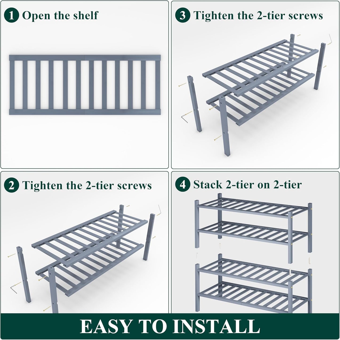 Smiry Shoe Rack, 4 Tier Thick Bamboo Shoe Organizer, Stackable Free Standing Wooden Shoe Storage Shelf for Closet, Entryway, Front Door Entrance, Grey
