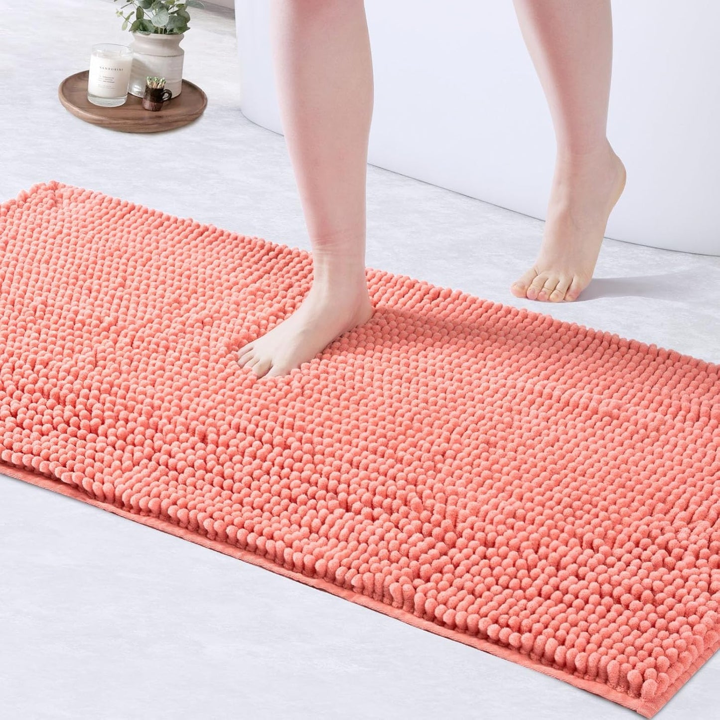 FRESHMINT Large Chenille Bathroom Rugs Mat 47"x24", Non-Slip Bath Mat for Bathroom Floor & Bathtub, Washable Shower Shag Bath Rugs, Soft Thick Water Absorbent Microfiber Shower Mat, Coral