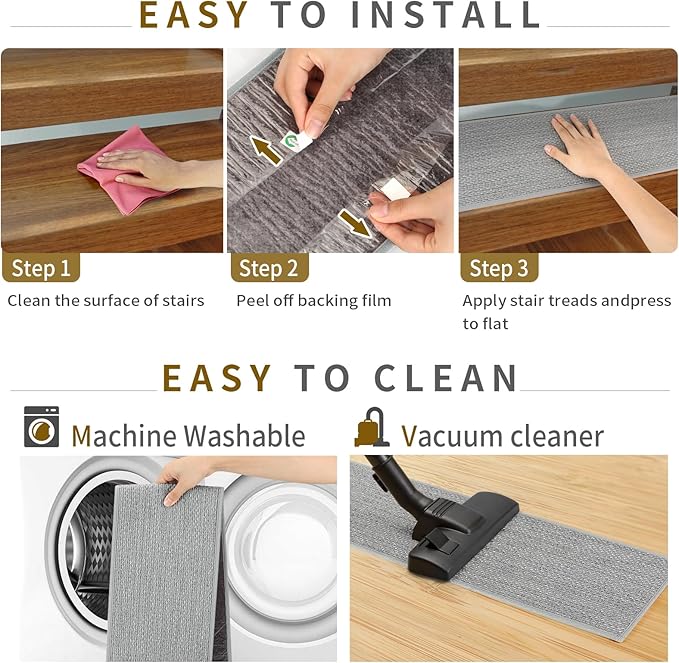 Stair Treads Non Slip for Wooden Steps Indoor 15 Pack 8" X 30" Carpet Stairs Runner for Wood Stairs, Stair Tread Rugs with Reusable Adhesive for Dogs Kids Elders, Machine Washable, Light Grey