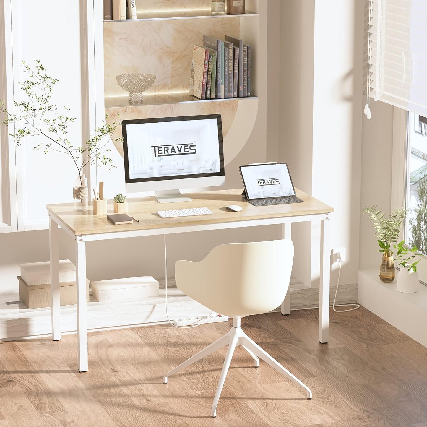 Teraves Computer Desk/Dining Table Office Desk Sturdy Writing Workstation for Home Office (39.37“, Beige + White Frame)