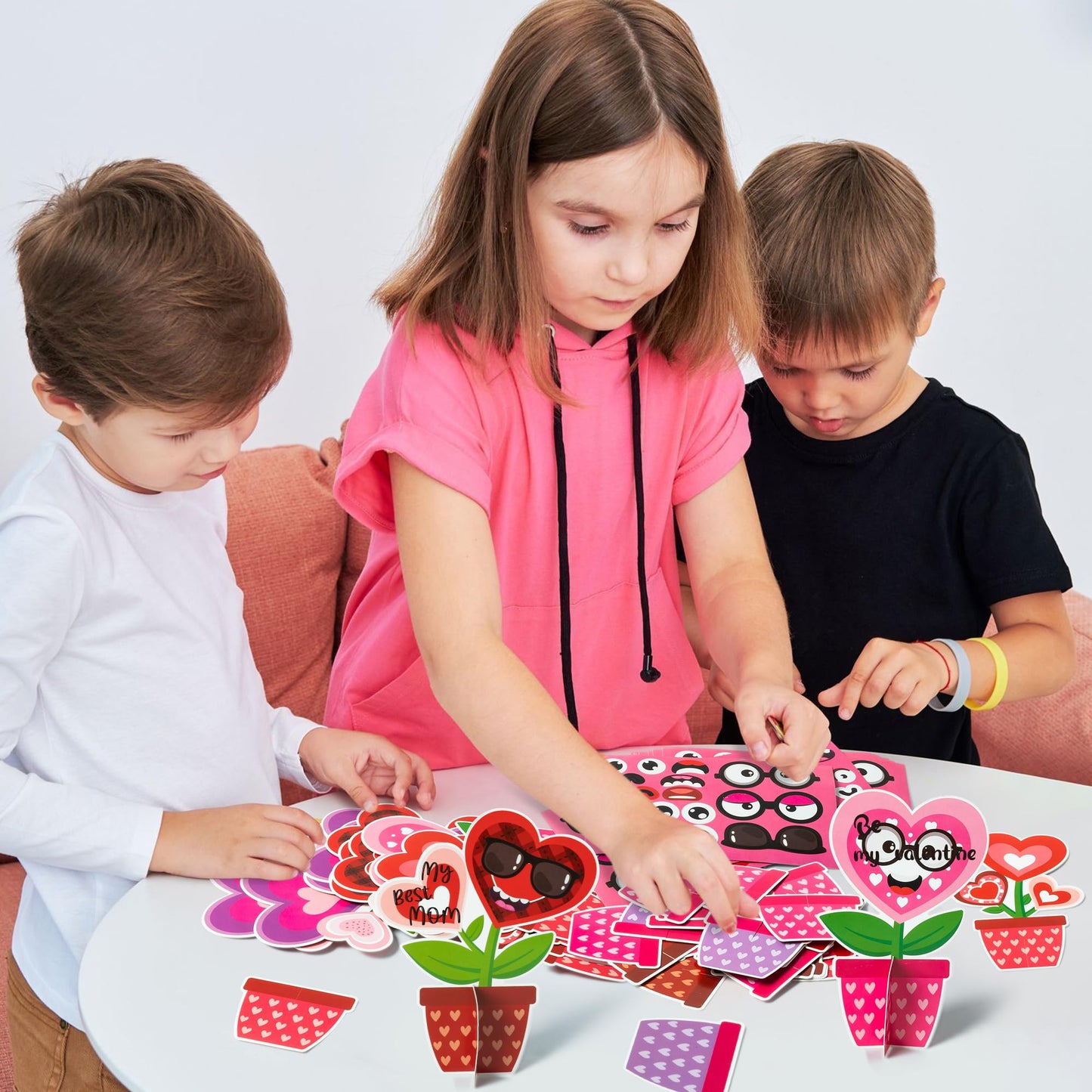 WATINC Valentine‘s Day Flower Craft Kit - 32PCS Make Your Own Heart Flowers Pot Decorations, DIY Valentine Paper Art Supplies with Stickers for Kids Adults, Homeschool Classroom Party Activities Gifts