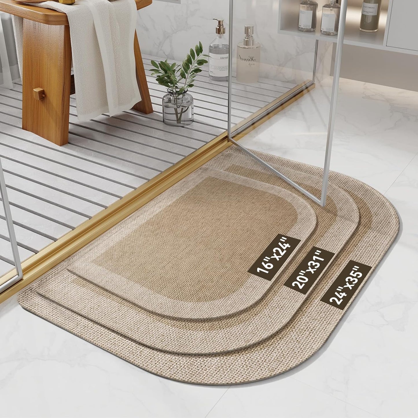 Bathroom Rugs Mat 24x35, Ultra Thin Non Slip Bath Mats for Bathtub Quick Dry Absorbent Rubber Bathroom Mat Fit Under Door, Woven Washable Half Round Bath Rugs Floor, Beige Brown