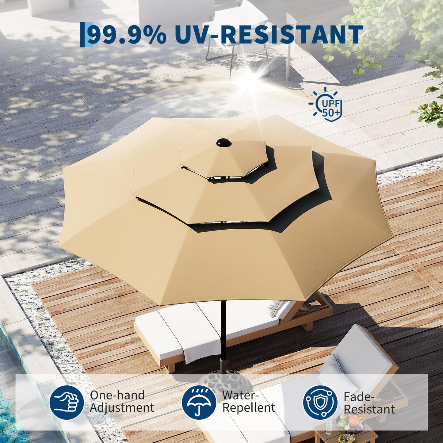 Garvee 10Ft 3-Tier Patio Umbrella, Outdoor Table Umbrella with Vents, Easy Crank and Push Button Tilt, Market Umbrella with 8 Sturdy Ribs for Pool, Deck, Yard, Garden -Tan