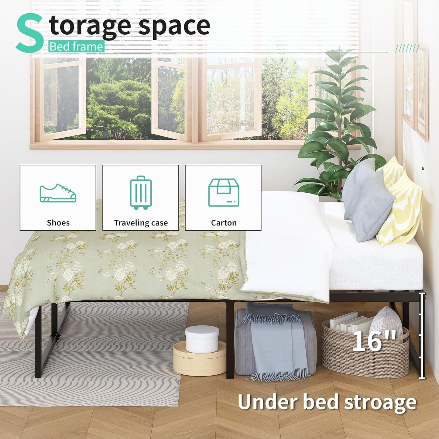 18 Inch Queen Bed Frame Heavy Duty Steel Slat Support Metal Queen Size Platform Bed Frame No Box Spring Needed, Easy Assembly, Black