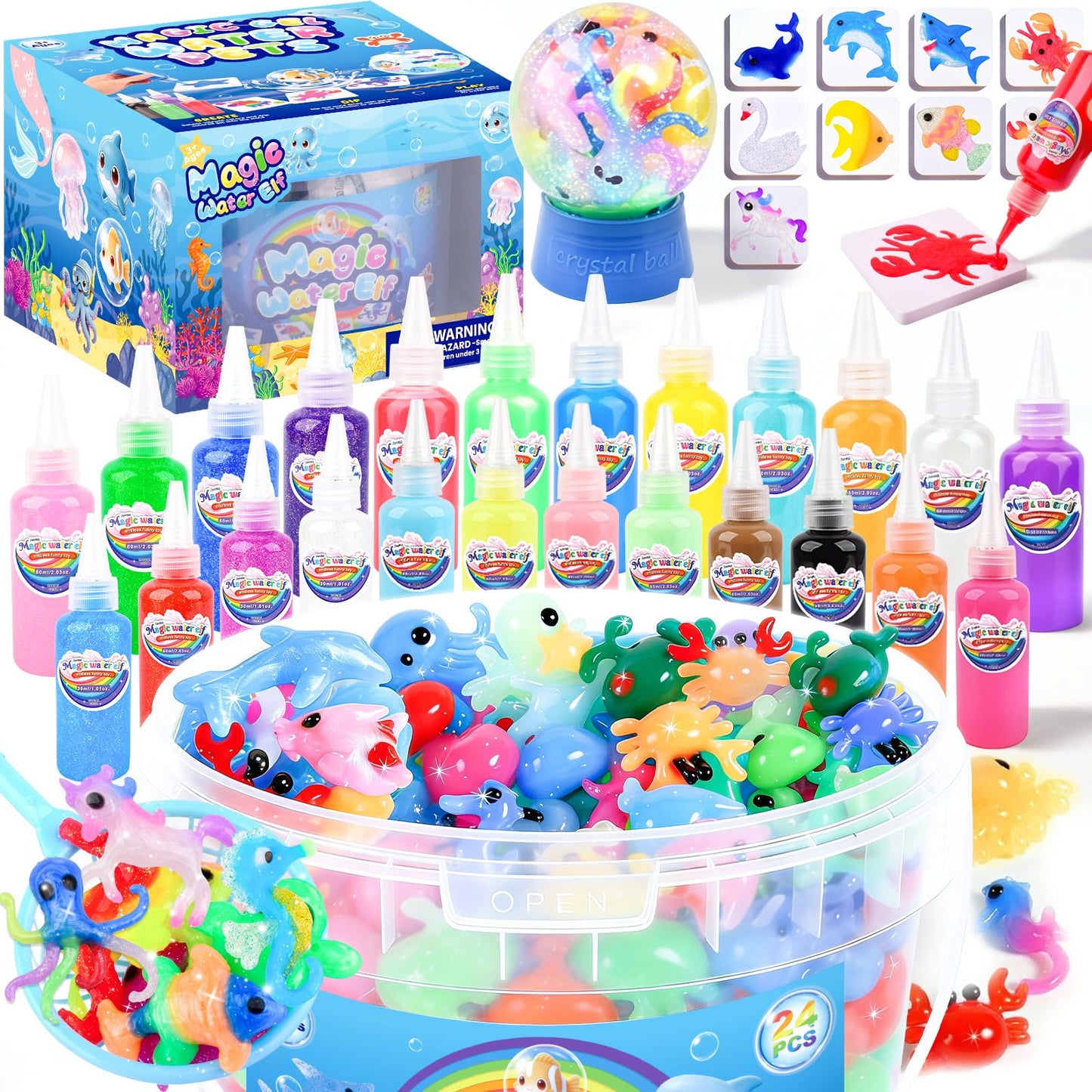 Magic Water Elf Toy Kit for Kids – Aqua Fairy Water Gel Kit with 24 Colors Magic Gel & 20 Molds, DIY Squishy Maker Craft Set, Create Your Own Water Pets, Sensory Play Gift for Boys Girls Ages 3+