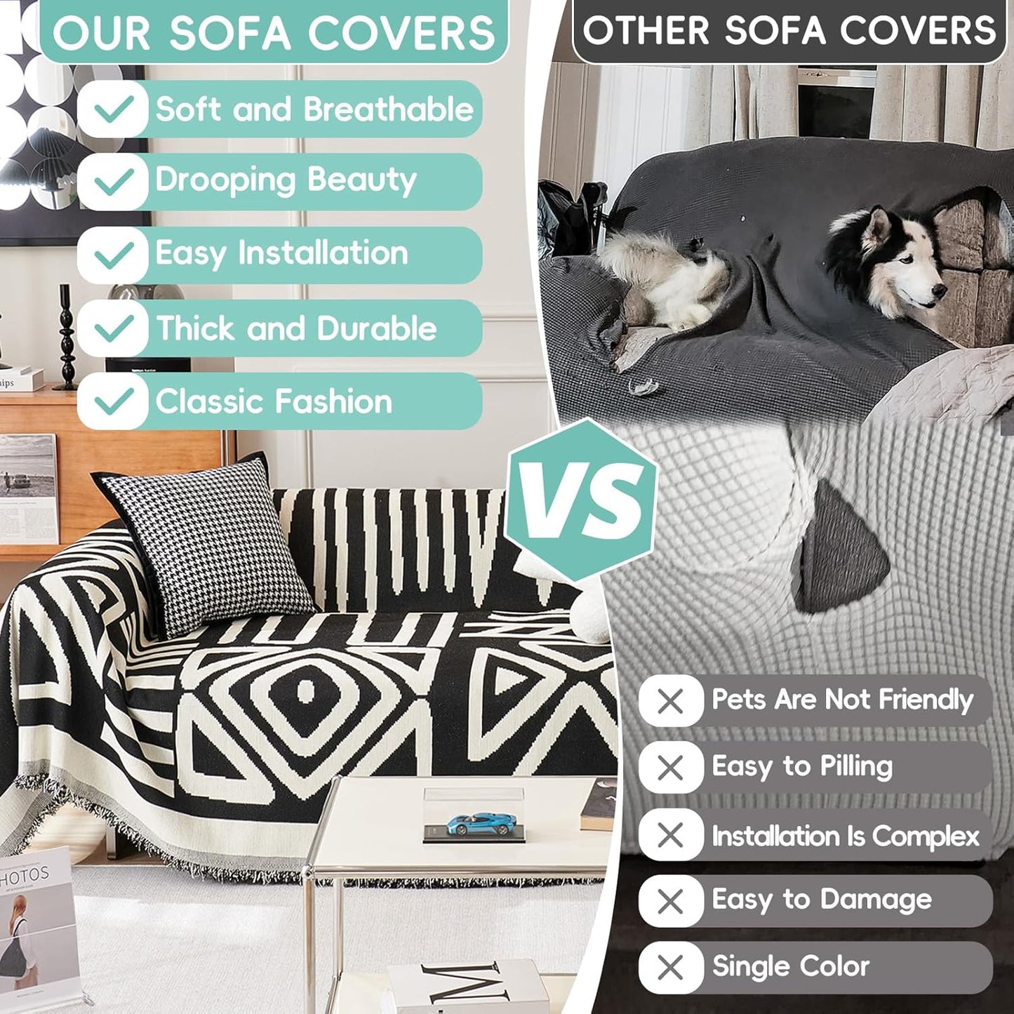 STACYPIK Boho Geometric Sofa Cover Chenille Beige Black Couch Cover for Dog Pet Friendly Couch Protector for 3-4 Cushion Couch Non-Slip Jacquard Sectional Couch Cover Tassels Sofa Slipcover-71x150IN
